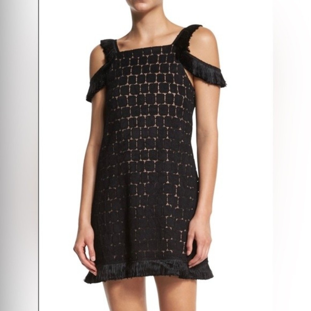 Alexis Jasmine Dress With Fringe Black Cocktail Off Shoulder Large